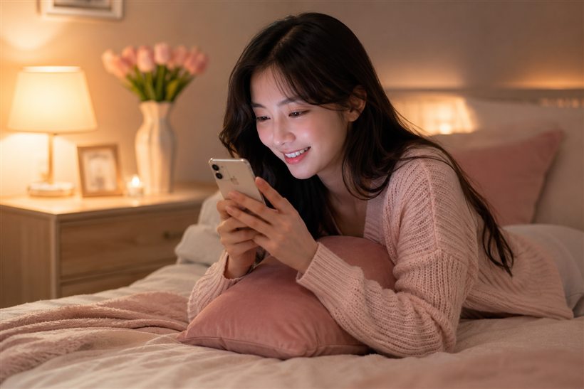 스마트폰으로 1:1 소개팅 프로필을 보는 여성